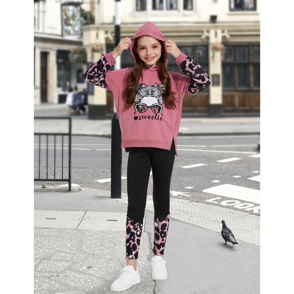 Girls Clothes Cool Girl Print Tie Dye Hoodie Pullover Sweatshirt Leggings 2PC Ou - Picture 3 of 5